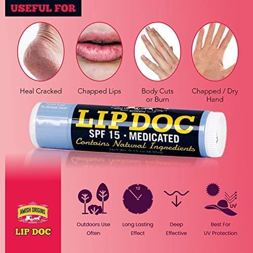 Amish Origins Lip Doc SPF 15 Medicated Lip Balm (2 PACK)- All-Natural Deep Moisturizing Lip Balm, Potent Formula for Chapped and Cracked Lips, All Natural Essential Oils