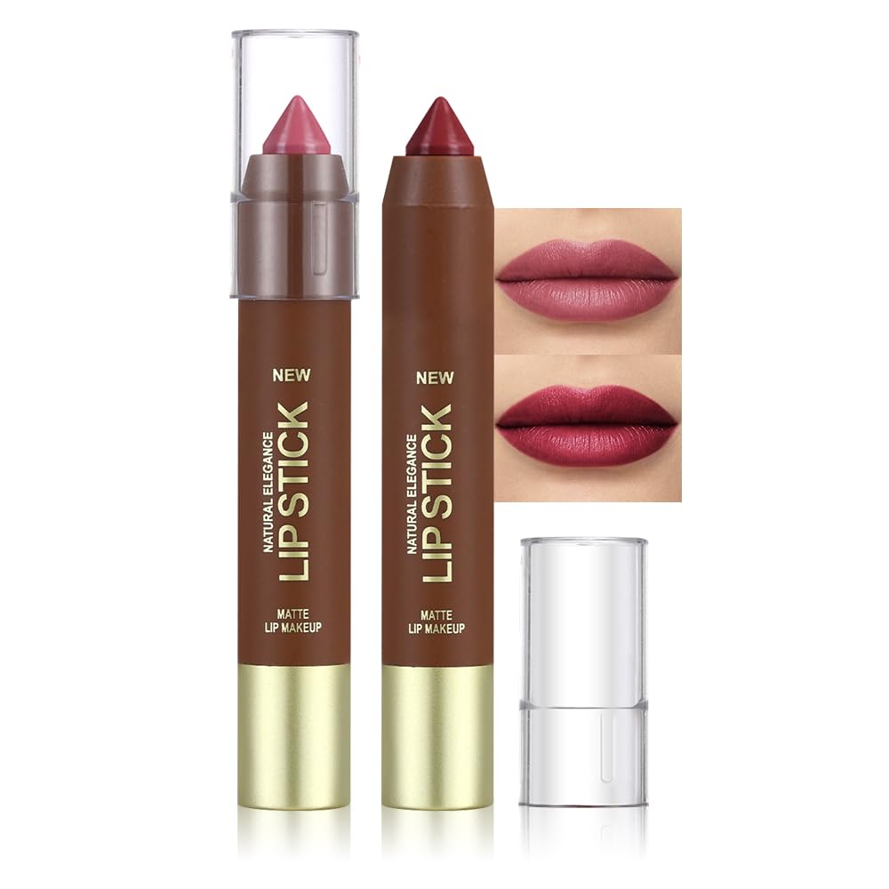 2Pcs Matte Lipstick Crayon Set for Women, Mauve Cherry Red 24 Hour Lipstick Lip Liner Pencil, Neutral Lip Stick Lipliner Long Lasting Waterproof Smudge Proof, Vegan & Cruelty-Free, 05+06