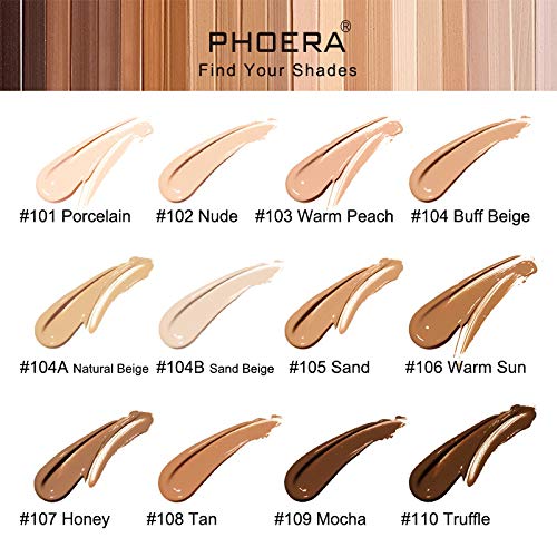 AQUAPURITY PHOERA Full Coverage Foundation New Formula Waterproof Long Lasting Oil Free Velvet Matte Liquid Foundation for Oily Skin Flawless Makeup Base Cream Concealer (104A Natural Beige)