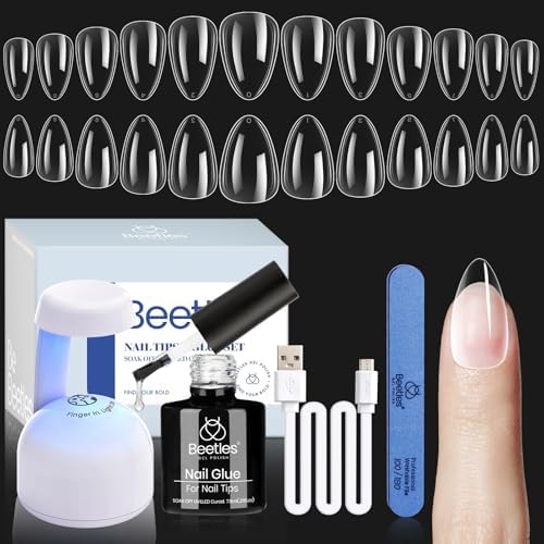 Beetles Gel Nail Kit, Short Almond Nail Tips Easy Extension Set 240 Pcs Pre Shaped Clear Full Cover Fake Nails Tips with 5 In 1 Nail Glue Uv Led Lamp DIY Manicure Gifts for Women