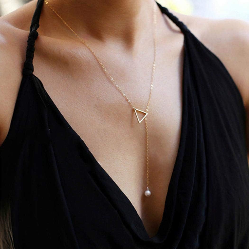 Hollow Triangle Metal Adjustable Pearl Simple Pendant Clavicle Chain Jewelry Gifts for Women and Girls
