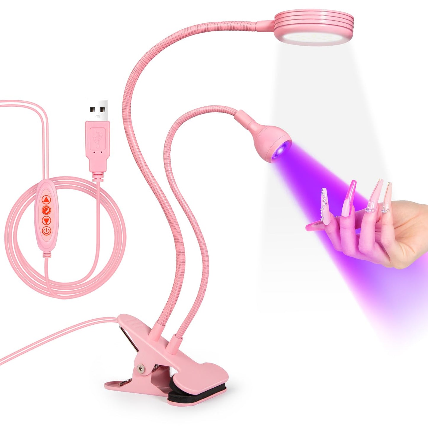 AORAEM LED Nail Lamp Double-Headed UV LED Light Quicky-Dry Duck Neck UV Lamp Dryer Curing Light with Portable Gooseneck and Clamp Flash Cure U V Light for Gel Nails Professional Home DIY Salon Pink