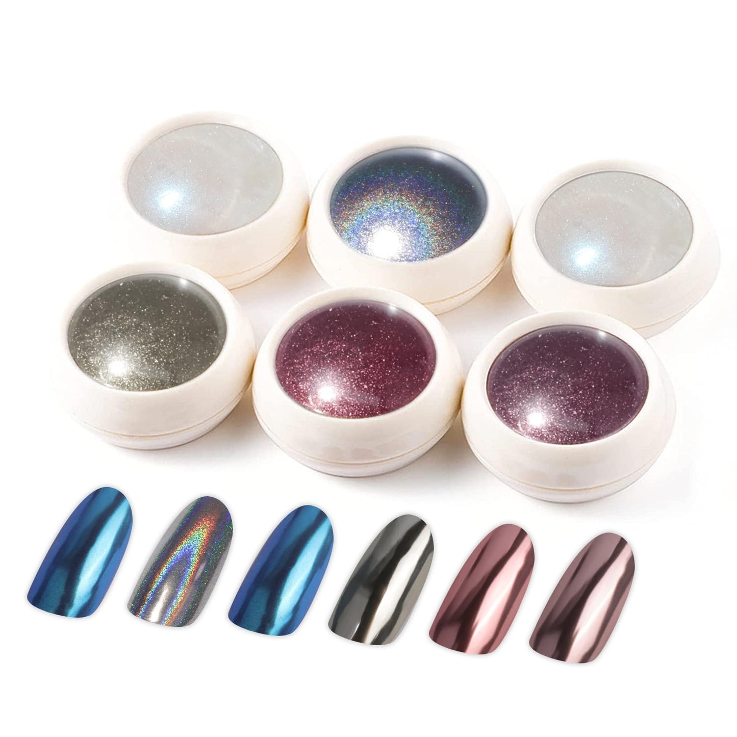 6 Pcs White Chrome Powder, Pearl Effect Nail Powder Shell Nail Glitter Dust Nail Powder with Magic Mirror Effect for Nail Art Design Decoration