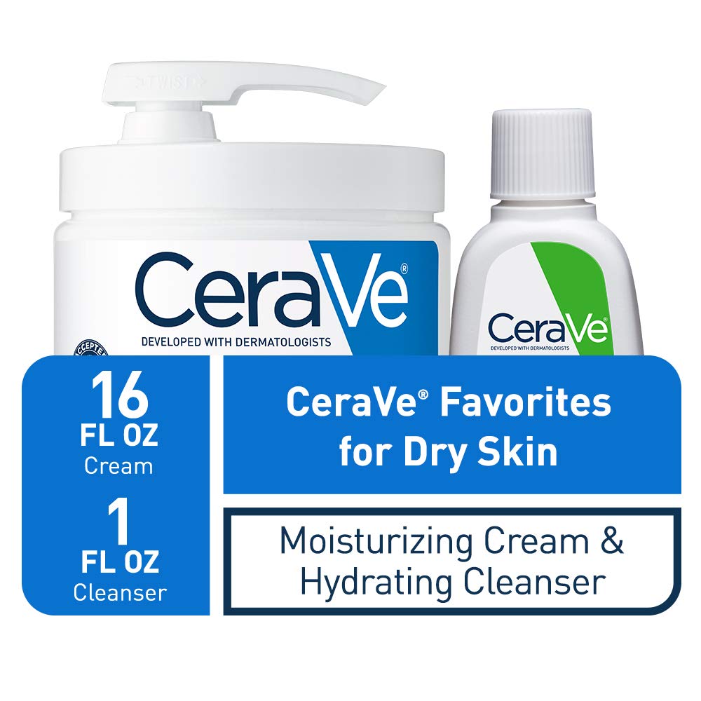 CeraVe Moisturizing Cream & Hydrating Facial Cleanser Skin Care Set, Combo Pack For Dry Skin Relief, Travel Essentials, 1oz Cleanser + 16oz Cream With Pump