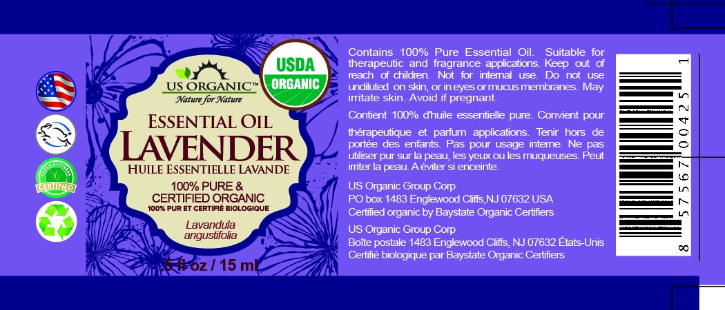 US Organic 100% Pure Lavender Essential Oil, Directly sourced from Bulgaria, USDA Certified Organic, Undiluted, for Diffuser, Humidifier, Massage, Skin, Hair Care, Non GMO, 15 ml 2 Pack