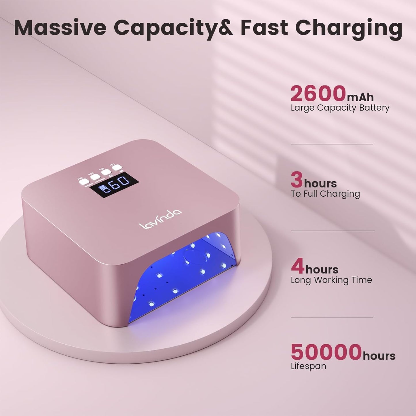 Lavinda 48W UV LED Nail Lamp, Rechargeable Cordless UV Light for Gel Nails LED Nail Dryer with Auto Sensor, 4 Timer Settings & LCD Display, Fast Curing Light All Gel Polish for Home Salon Use