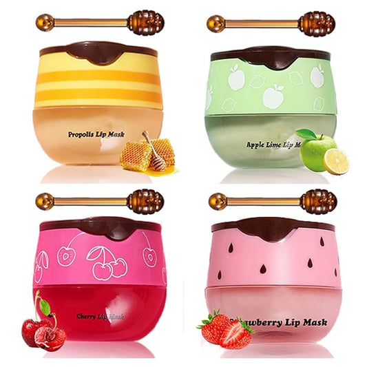 Honey Lip Balm Pot, Propolis Lip Mask, Strawberry Hydrating Propolis Lip Sleeping Mask, Prevent Dry&Cracked, Lip Repair Nourishes the Lip Skin (honey&straberry&cherry&apple)