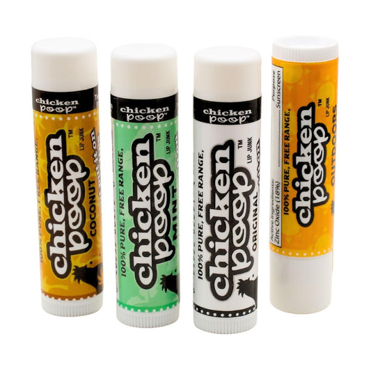 Chicken Poop Lip Balm Simone Chickenbone 100% Natural Moisturizer for Dry, Chapped Lips, Combo (Original, Mint, Outdoors with SPF 30, Coconut), 4 Pack