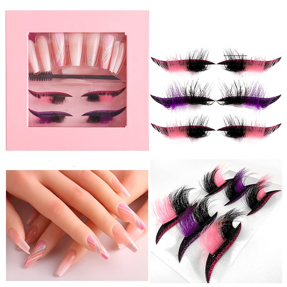 HBZGTLAD 3 in1 color eyeline Press On Nail with Eyelash Packing Boxes Set Package Pink White DIY Lashes and Nail Suit Box 1set… (SET-52)