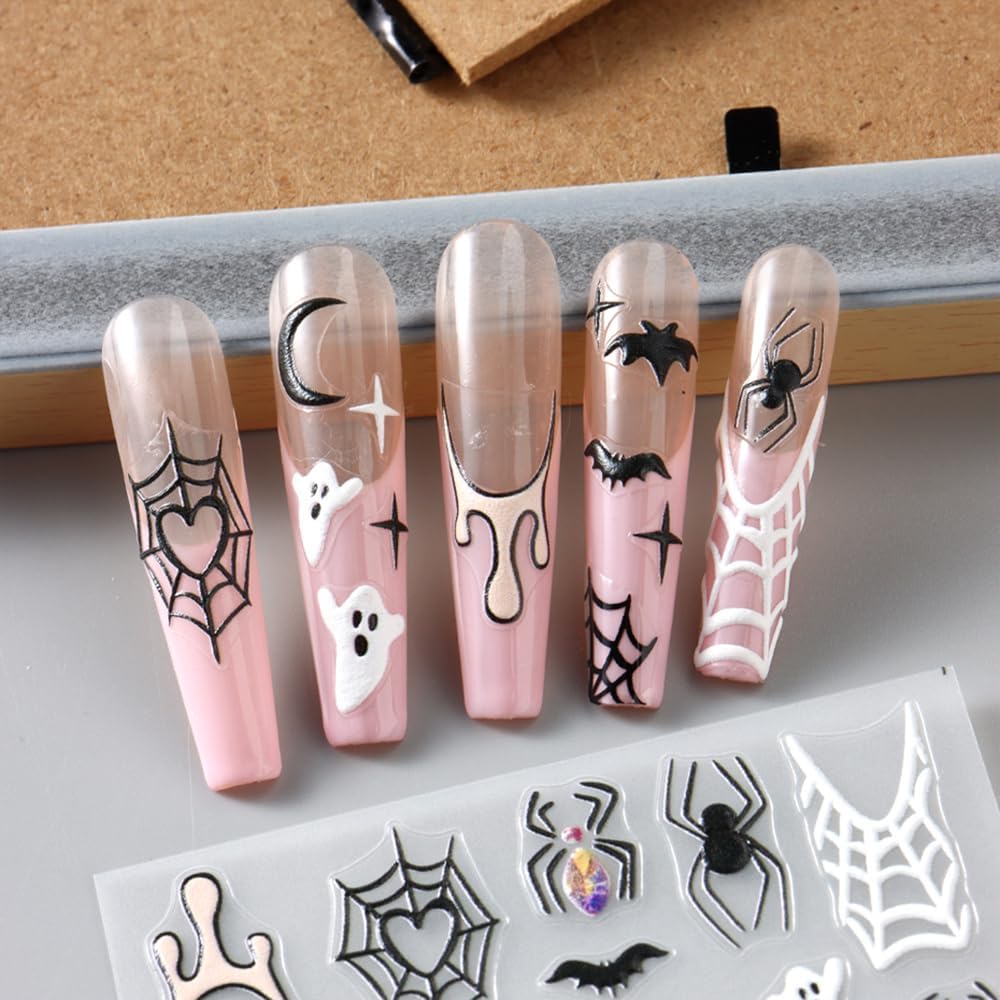 3 Sheet Halloween Nail Stickers Ghost Bat Spider Nail Decals 3D Self-Adhesive Spider Web Spooky Bat Spider Nail Art Stickers Design Gothic Nail Art Supplies for Holiday Acrylic DIY Nail Decoration