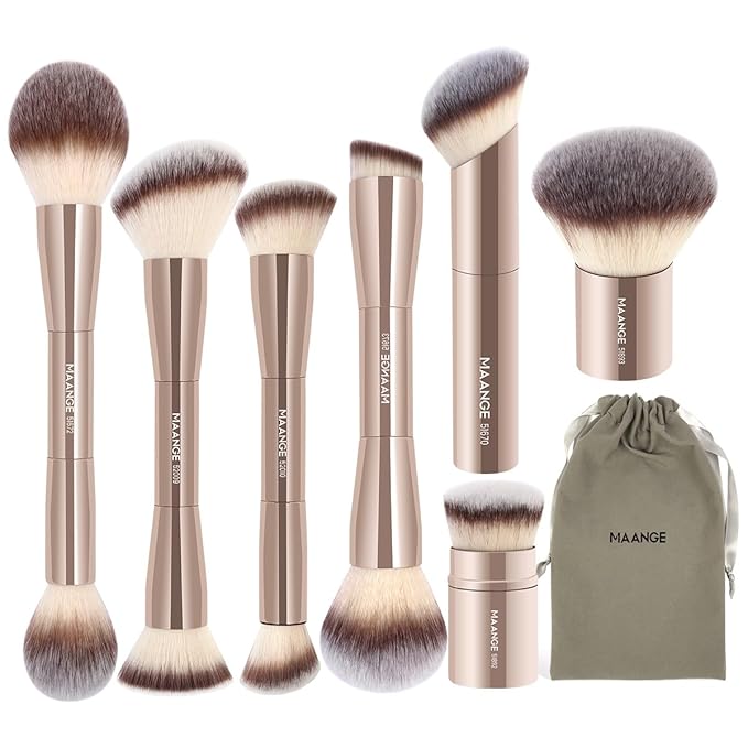 MAANGE 7pcs Makeup Brush Set Double Sided Kabuki Makeup Brushes Contour Brush for Foundation Liquid Powder Concealer Cream Cosmetics Bronzer Blending Blush Buffing Makeup Tools (Gold)