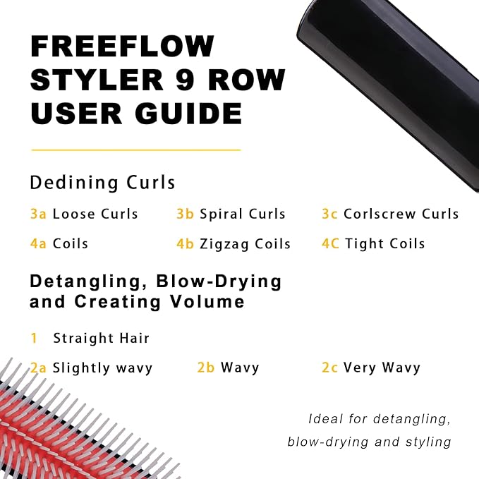 Classic Styling Curly Hair Brush. 9 Row Black Brush for Detangling, Separating, Shaping. For Women and Men Wet or Dry Hair.