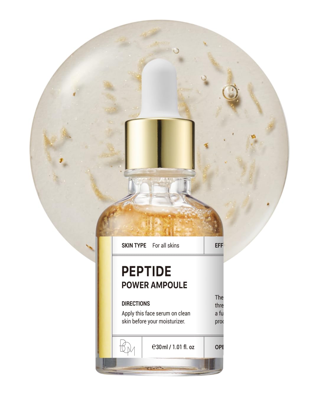 BOM COSMETICS Peptide Power Ampoule 1.01 Fl Oz, Penta-Peptide with 24k Gold Thread and 99% Pure Gold for Skin Collagen Boost, Firming Serum to Improve Elasticity and Radiance, Korean Skin Care