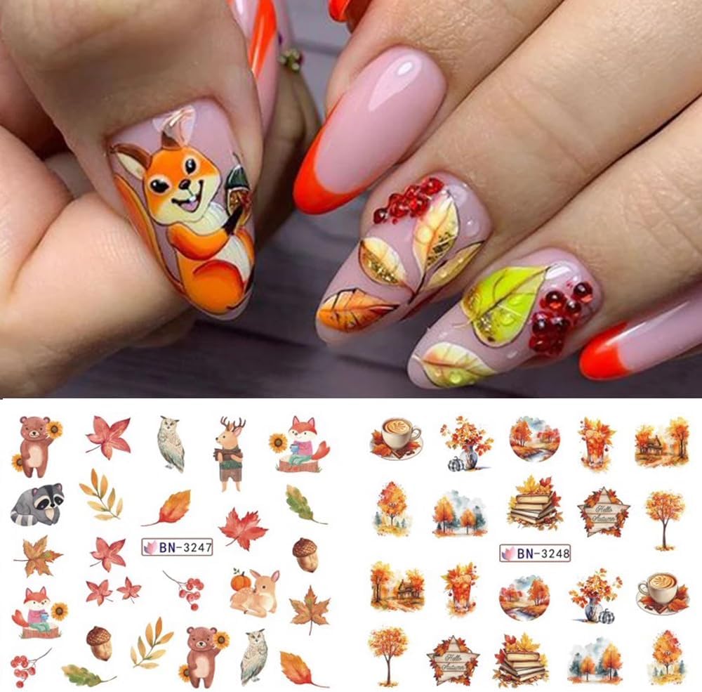 Fall Thanksgiving Nail Art Stickers Decals Autumn Maple Leaf Water Transfer Nail Foils Supplies Fall Pumpkin Squirrel Fox Mushroom Designer Nail Decals for Nail Art Thanksgiving Nail Art Decoration