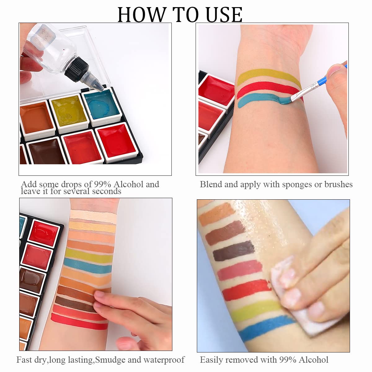 Depvision SFX 12 Color Flesh Tone Alcohol Activated Makeup Palette for Special Effects,Waterproof Skin Tone FX Makeup for Professional Makeup Artists Cosplay Halloween Theatrical Makeup