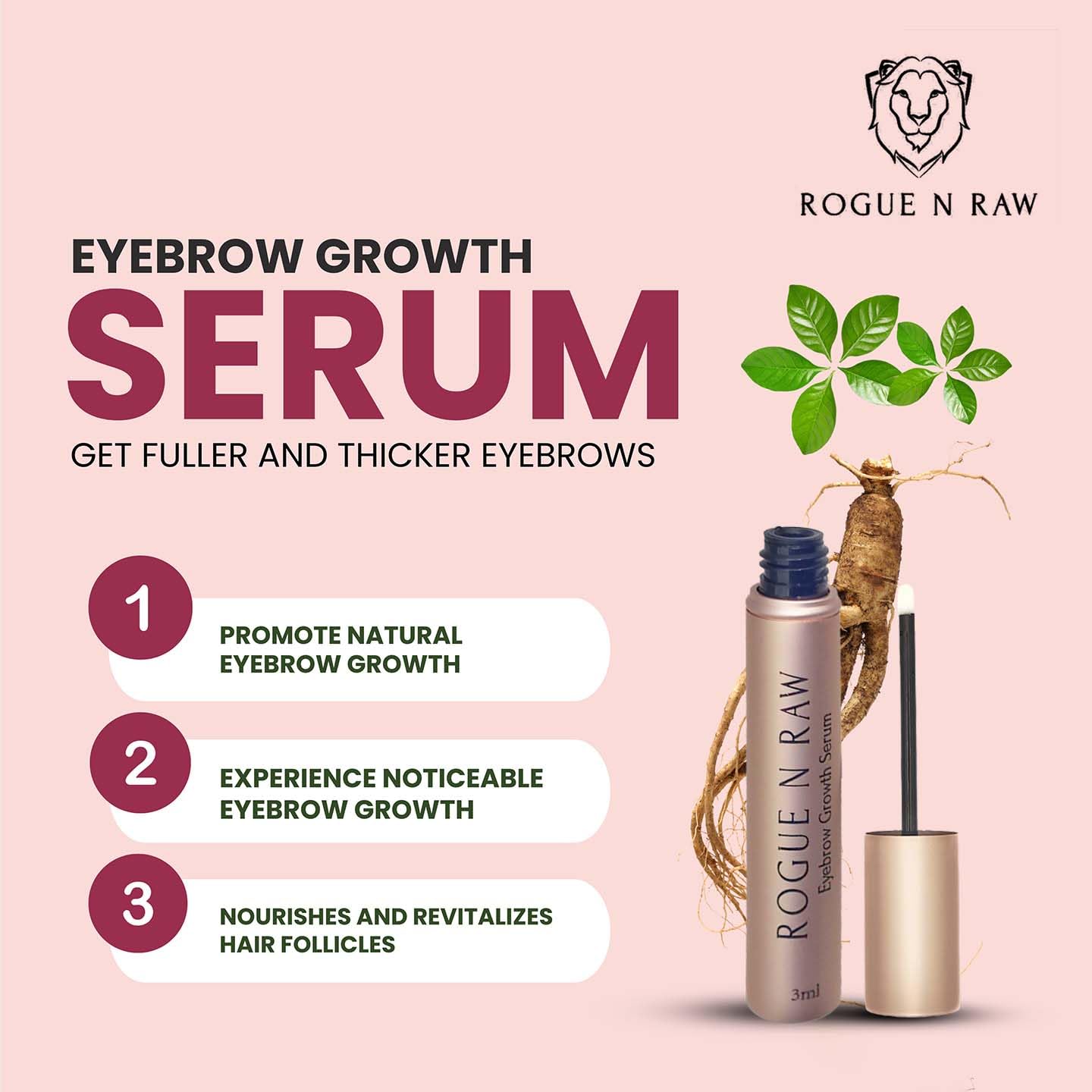 Eyebrow Growth Serum – 3ml Natural Ingredients Eyebrow Serum to Grow Thicker Brows, Eyebrow and Eyelash Enhancing Serum