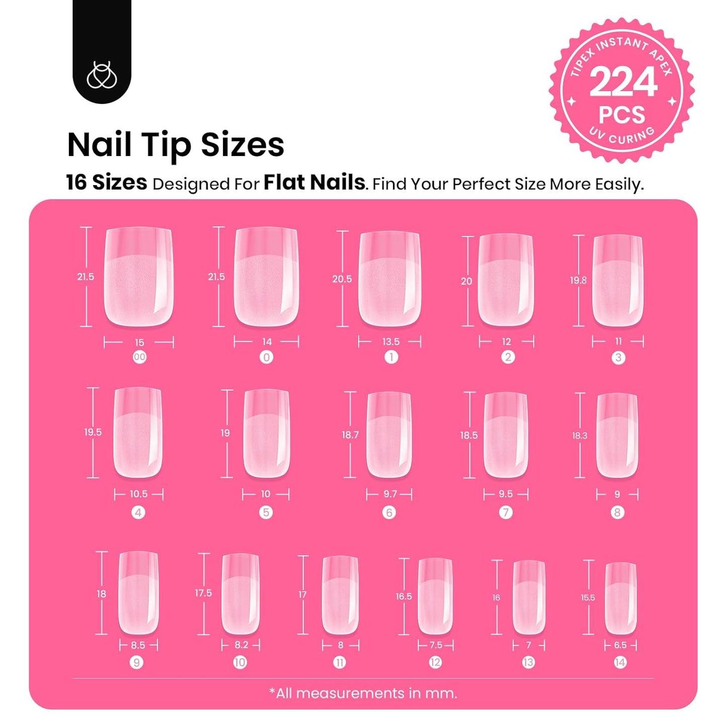 Beetles Tipex Instant Apex Nail Tips Kit Short Square , 224 Pcs Pre-Building Pre-Etched False Nail Tips with Tipex Nail Glue, Mini Nail Lamp-Thick Acrylic Nail Tips Set