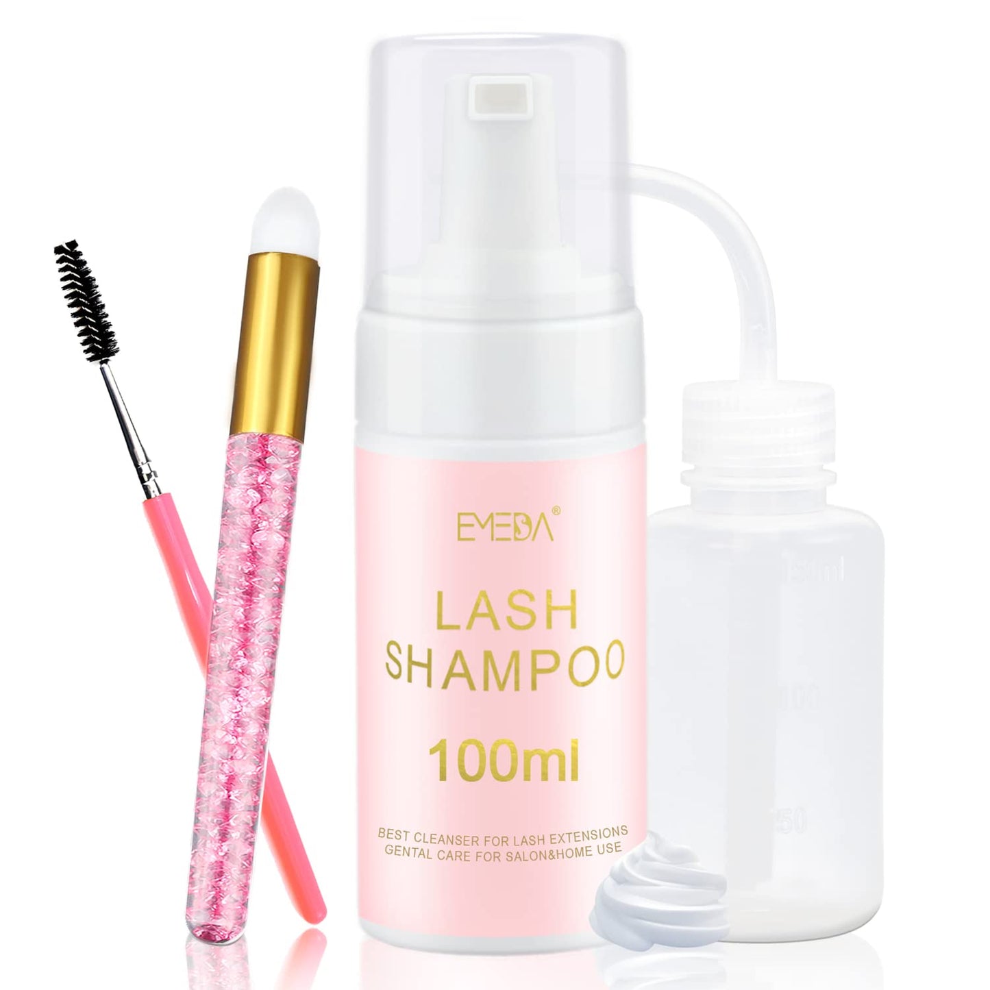 EMEDA Lash Shampoo Kit - 3.38 fl.oz / 100ml Gentle Foam Lash Cleanser, Oil-Free Cleaning for Wash Extension/Natural Eyelash Bath with Rinse Bottle Brush