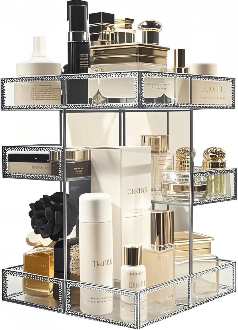 Hersoo 360 Degree Rotation Cosmetic Organizer -Premium Makeup Storage with Spin Base,Antique Countertop Cosmetic Storage,Large Capacity,Beauty Display for Countertop,Vanity or Bathroom (silver)