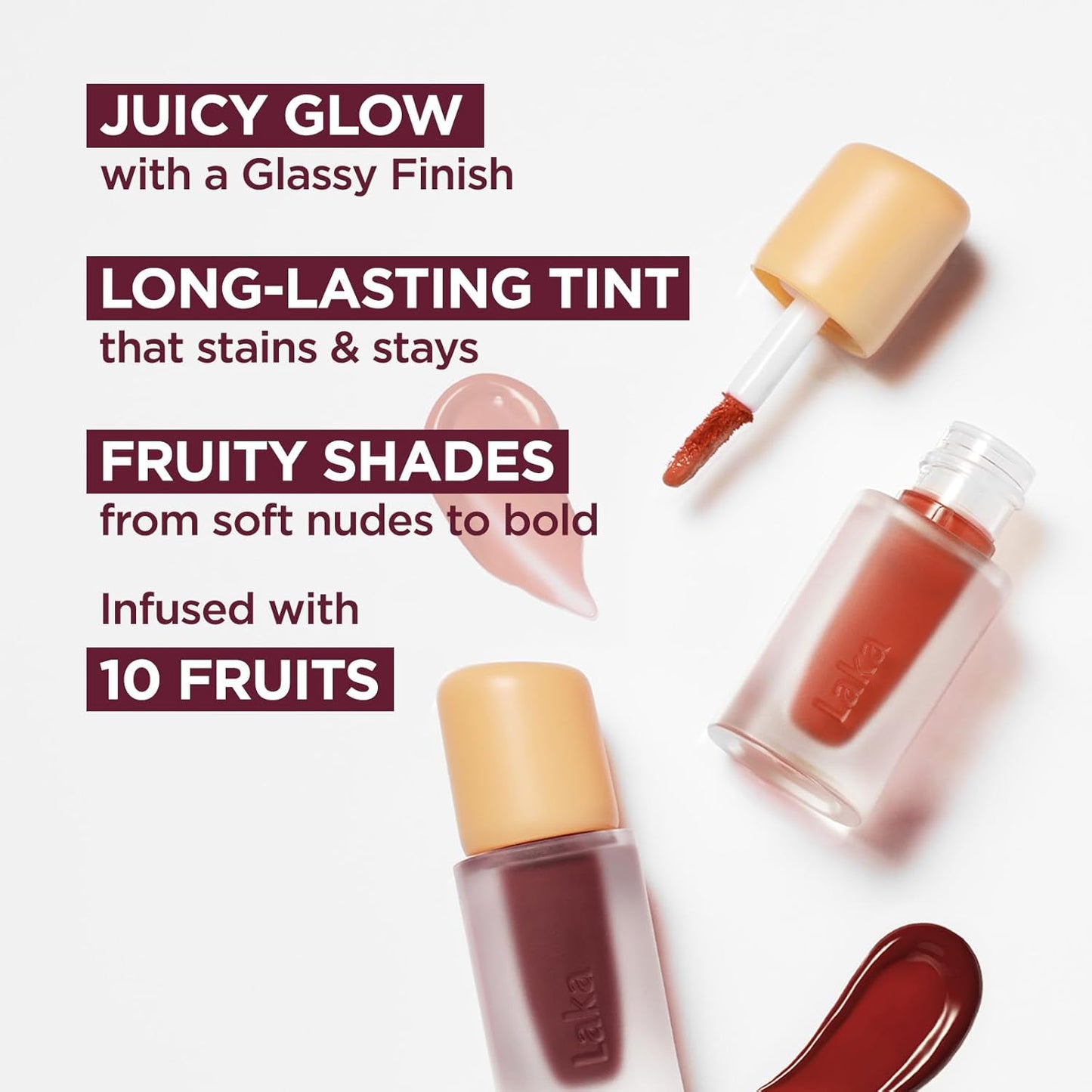 Laka Fruity Glam Lip Tint Mini, Glowing Lip Stain with Wide Color Spectrum, Hydrating & Lightweight Texture, Long-Lasting Bold Stain, Non-Sticky, Vegan, K-Beauty (#118 Adore)