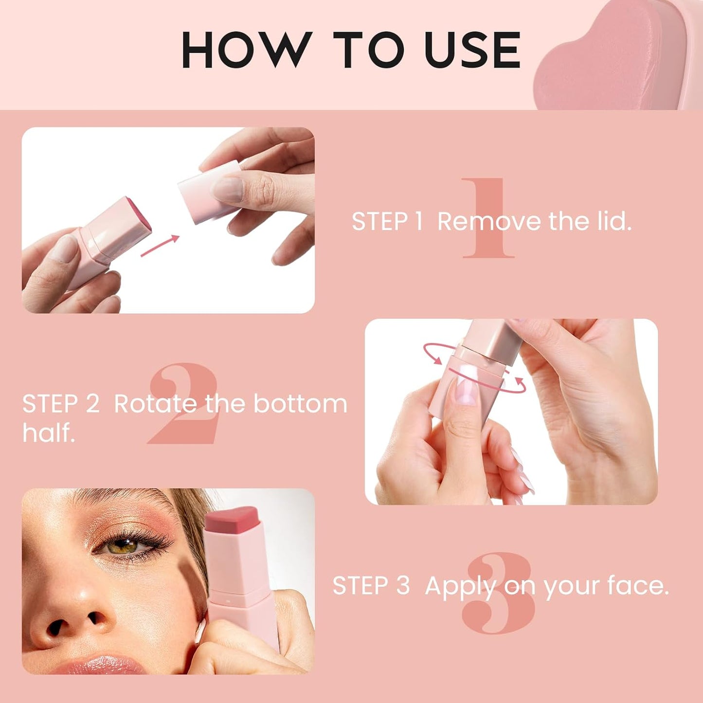 Blush Stick for Cheeks, Cream Blush with Heart-shaped, Blush Face Stick Multi-Use Lip and Cheek Tint, Waterproof Lightweight Easy to Blend Cream Blusher Makeup - Blossom Sakura