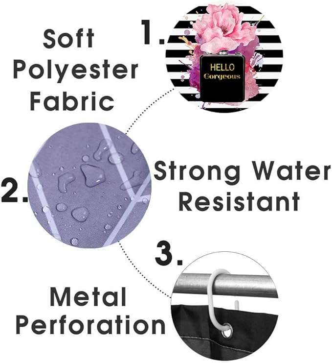 4PCS Gold Glitter Hello Gorgeous Shower Curtain Set, Watercolor Pink Floral Black and White Striped Perfume Makeup Modern Fashion Women Bathroom Decor, Non-Slip Bath Mat Toilet Rug, Hibiscus