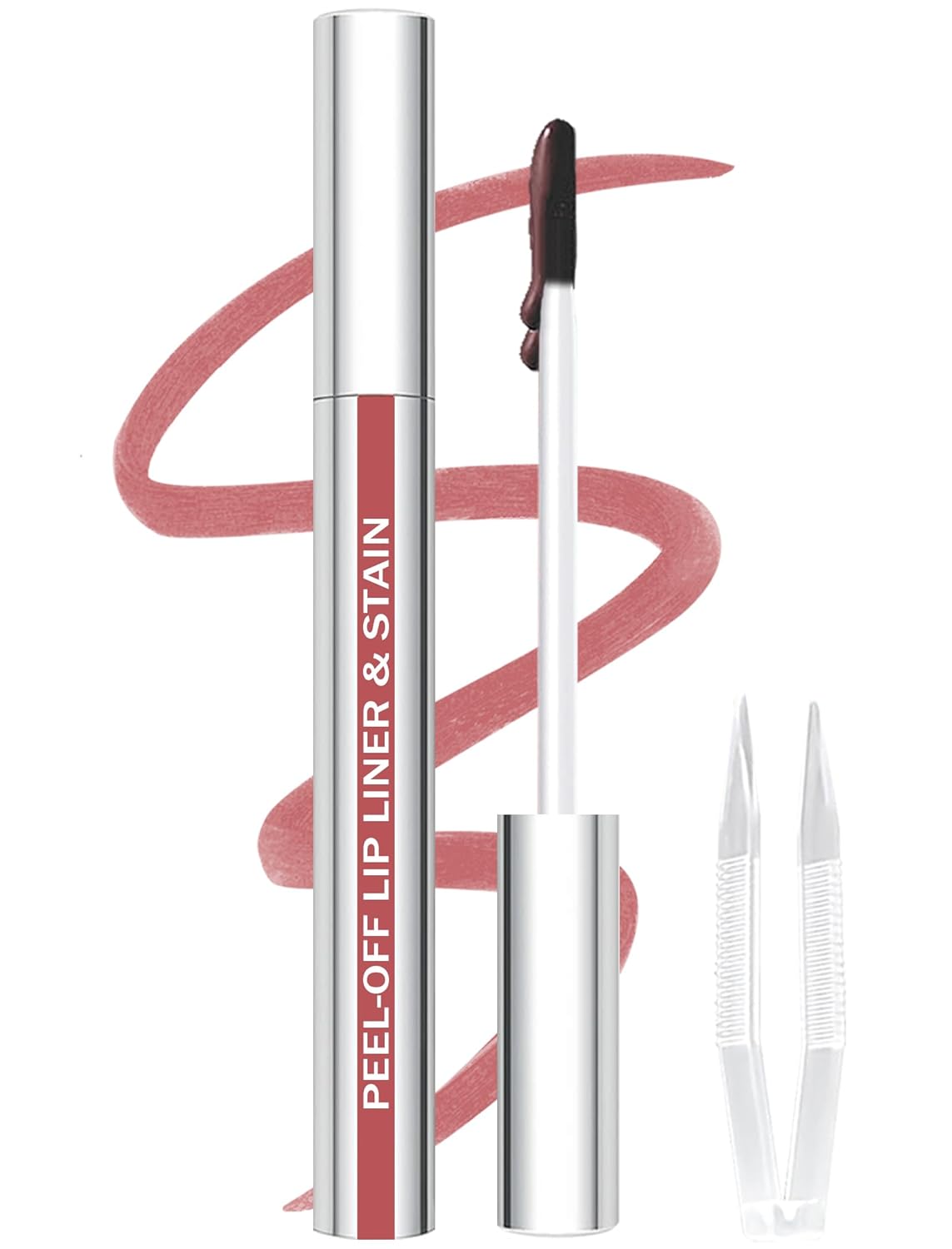 Lip Stain Peel Off Lip Liner Stain with Tweezer, Long Lasting Matte Lip Tint Tattoo, Highly Pigmented Color Lip Makeup, Waterproof Lipstick, Transfer-proof Lipstain for Women, Nude Pink