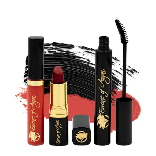 Essence of Argan Moisturizing Lipstick, Nourishing Lip Gloss & Lash Conditioner Mascara with 100% Pure Organic ECOCert Argan Oil - Voluptuous Sexy Lips & Longer Stronger Lashes Makeup Set