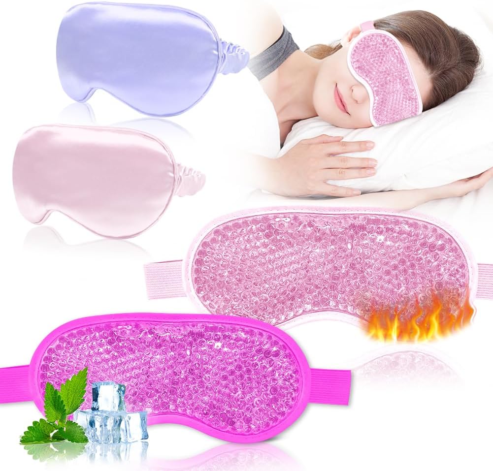 Cooling Eye Mask and Silky Sleep Mask 4 Packs for Man Women for Sleeping Frozen Ice Eye Mask Cold Warm Compress Dark Circles Puffiness Dry Eyes Gifting