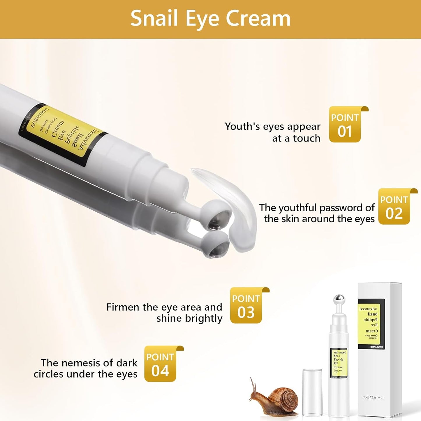 Snail Peptide Eye Cream For Moisturizing, Snail Mucin Eye Cream With Niacinamide, Hyaluronic Acid, Snail Eye Cream For Dark Circles, with 360° Massage Ball Reduce Wrinkles and Fine Lines
