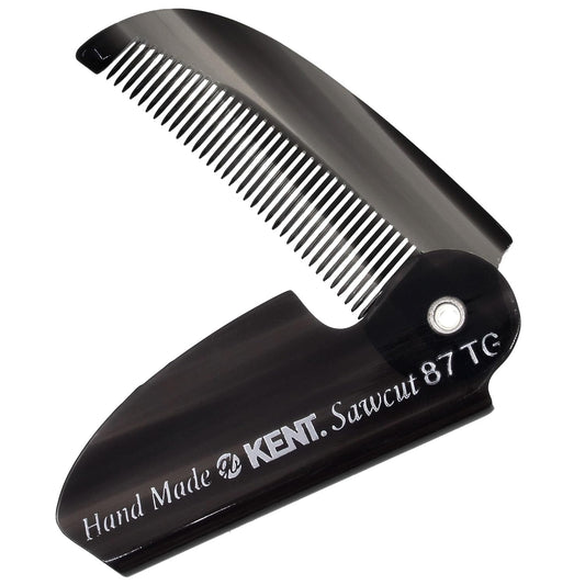 Kent 87T Black Graphite Handmade Folding Pocket Comb for Men, Fine Tooth Hair Comb Straightener for Everyday Grooming Styling Hair, Beard or Mustache, Saw Cut Hand Polished, Made in England