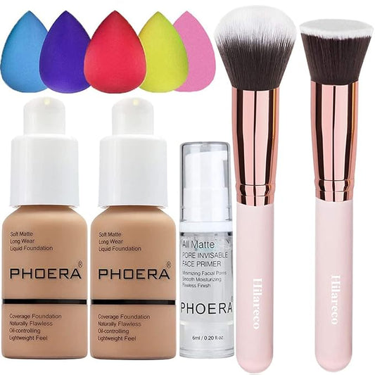 2 Pack PHOERA Foundation Sand 105 and Face Primer, Liquid Full Coverage Foundation Set, Foundation Brush Powder Brush,5 Makeup Sponge, 24HR Matte Oil Control Concealer (2pcs 105 Sand)
