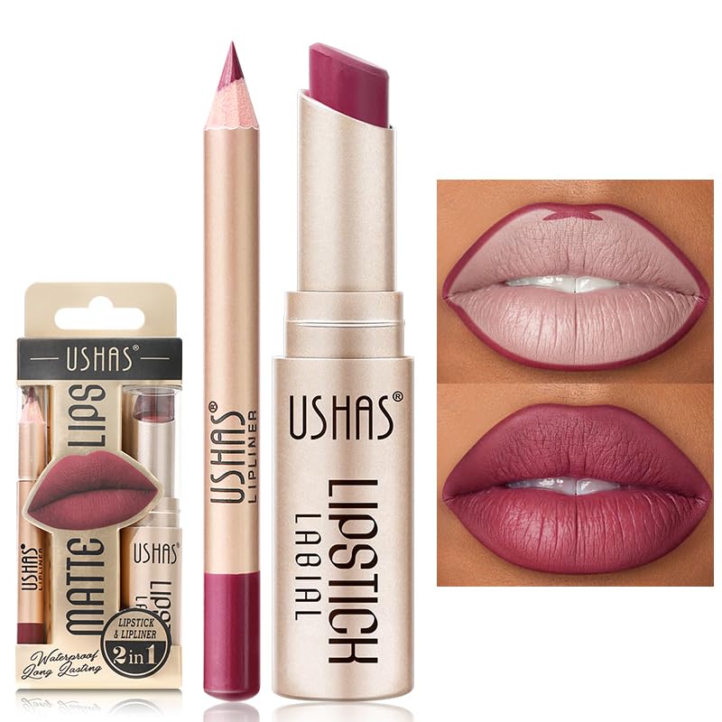 USHAS Lipstick and Lip Liner Combo Set 2 in 1 Waterproof Lipstick for Women Lip liner Set Long Lasting Lipstick, Matte Lipstick Pen with Lip Liner Set Makeup Kits (G2, Pack of 1)