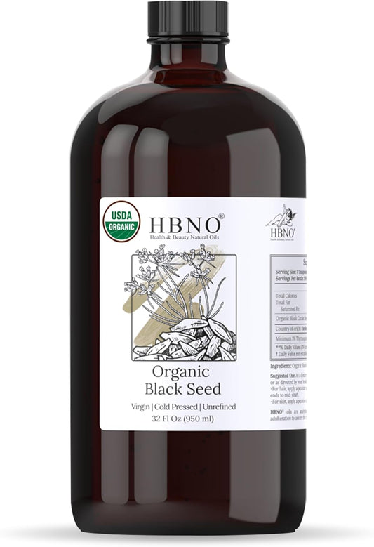 HBNO Organic Black Seed Oil - Huge 32oz (950ml) Glass Bottle Value Size - USDA Certified Organic Black Seed Oil, Cold Pressed for Face, Body, Lips, Shampoo & Conditioner