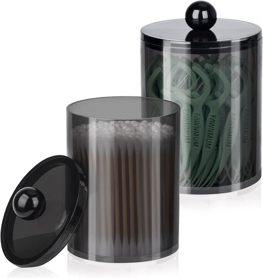 2 Pack Qtip Holder,Canister Apothecary Jar Set, Bathroom Jars with Lids Set for Cotton Swabs, Balls, Pads, Floss Picks,10oz-12oz Plastic Canisters Restroom Bedroom Vanity Organizer(Black)
