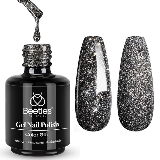Beetles Black Gel Nail Polish, 1Pcs 15ML Glitter Gel Nail Polish Black Sparkle Reflective Shimmer Color Soak Off UV Lamp Disco Nail Art Manicure Salon DIY at Home Gifts for Her