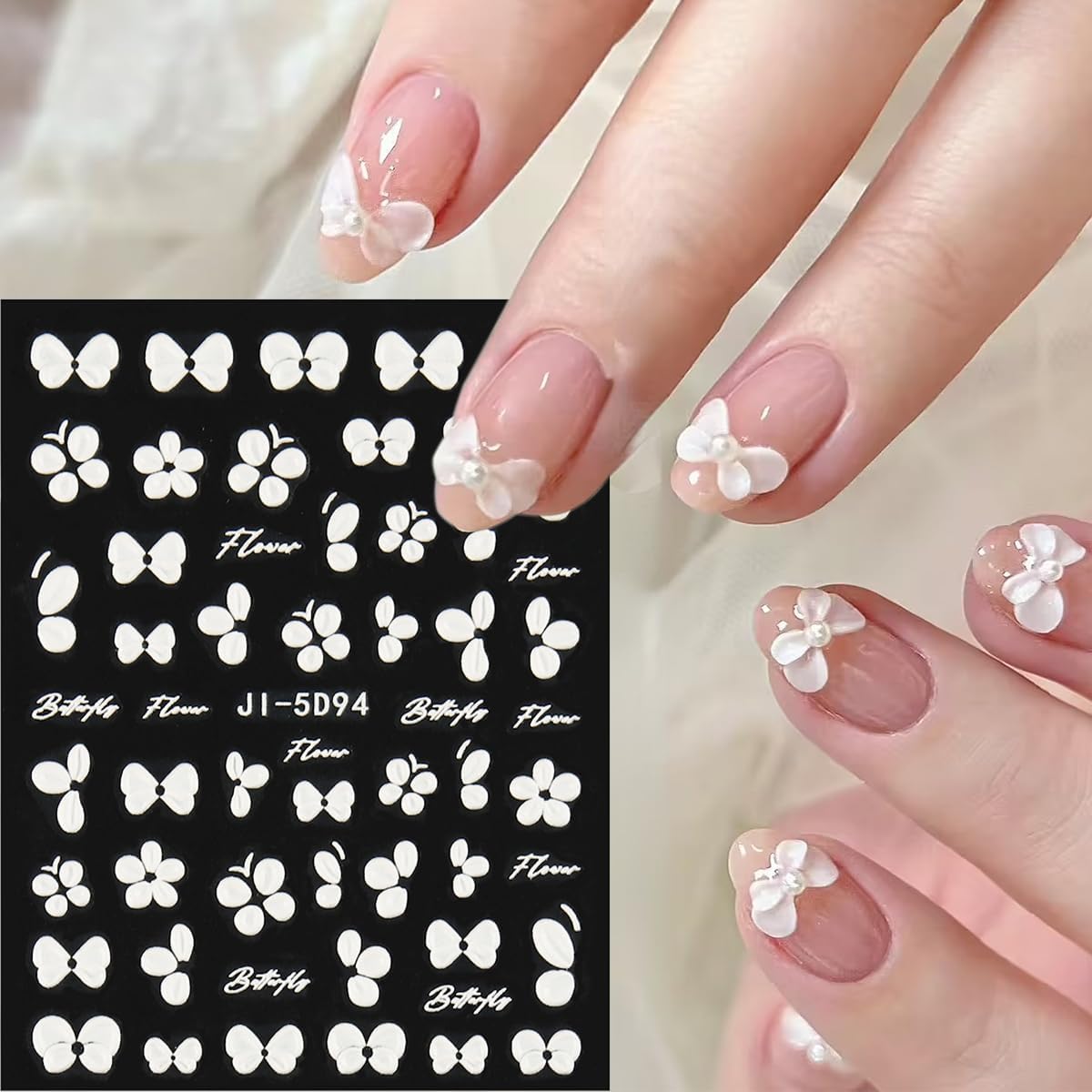 5D Embossed White Flowers Nail Stickers, 5 Sheets Self-Adhesive Floral Nail Decals, Spring Rose Butterfly Nail Art, 3D Acrylic Flowers for Manicure Decor
