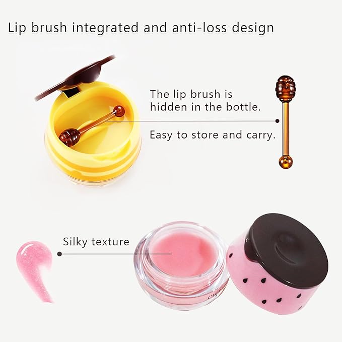 3 PCS Bee Lip Balm Honey Pot, Exfoliating Honey Strawberry Watermelon Lip Mask Overnight with Built-In Brush, Hydrating Prevention Dry and Crack Lip Scrubs Exfoliator Lip Wrinkle Care