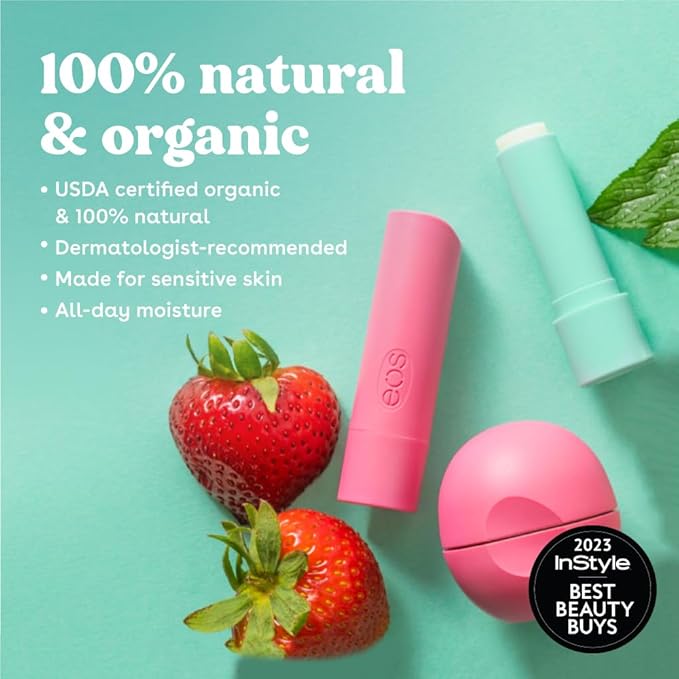 eos 100% Natural & Organic Lip Balm- Sweet Mint, Dermatologist Recommended, All-Day Moisture, Made for Sensitive Skin, Lip Care Products, 0.25 oz (Pack of 2)