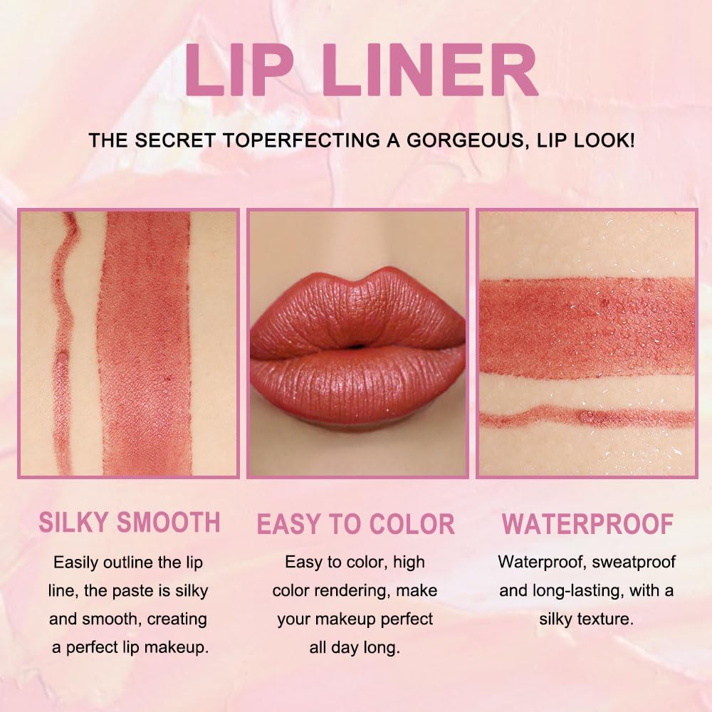 Kaely 2-in-1 Rose Gold Metallic Lip Liner & Lipstick Set Kit for Women, Lips Kit with Lip Liner Lip Stains Long Lasting Waterproof 24 Hour Lipstick and Lip Liners Combo Lipliners Pencil Set 07