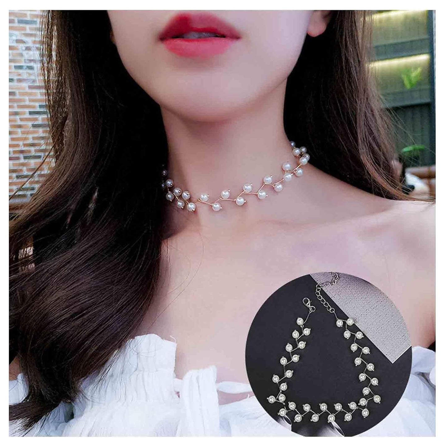 Boho Pearl Choker Necklace Silver Pearl Beaded Choker Necklace Pearl Station Necklace Jewelry Minimalist Short Chain Collarbone Necklace Jewelry for Women and Girls