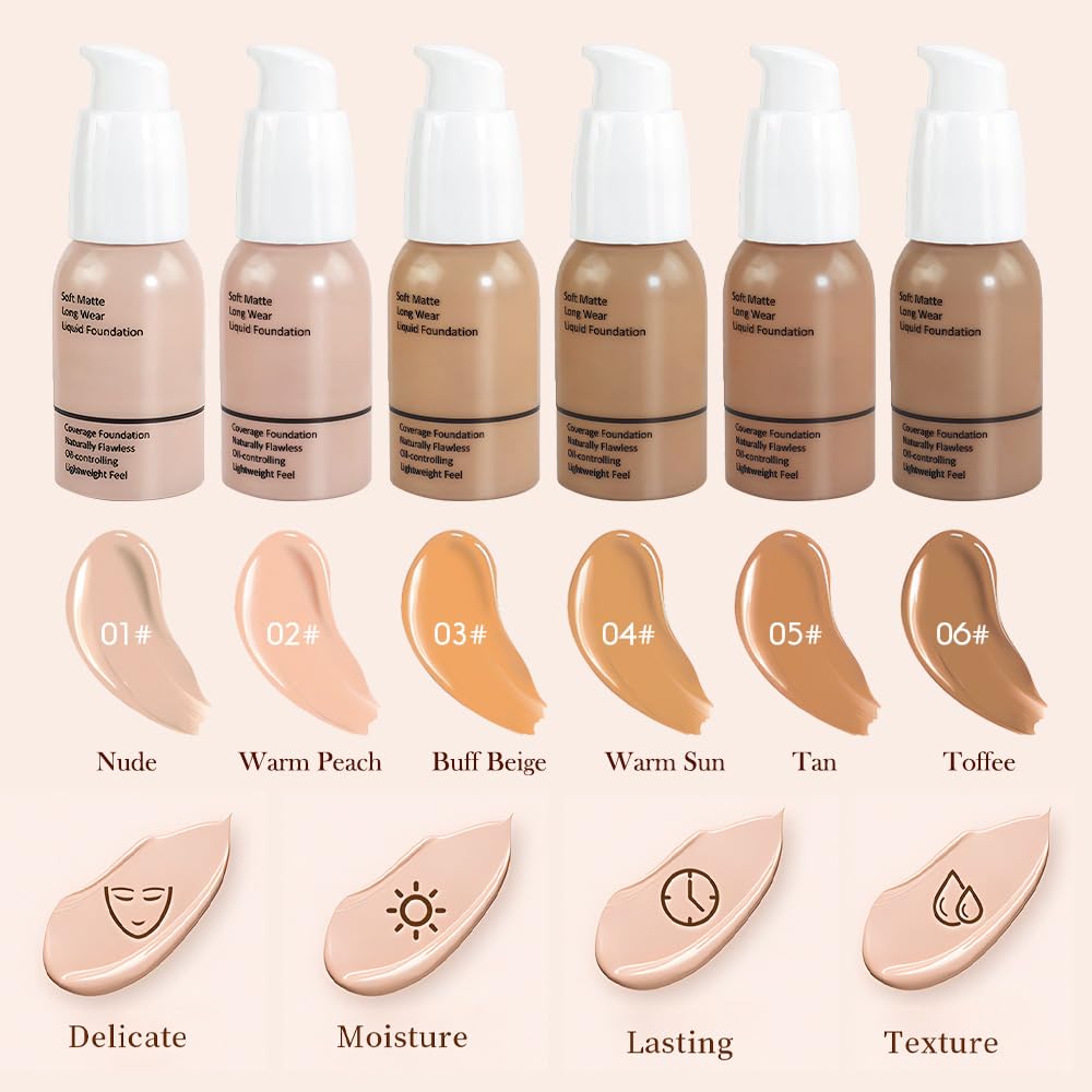 2Pcs Matte Liquid Full Coverage Foundation, Flawless Soft Matte 24HR Oil Control Full Coverage Foundation Makeup for Women, Long-Lasting Waterproof Full Coverage, 03# Buff Beige (03+03, Pack of 2)