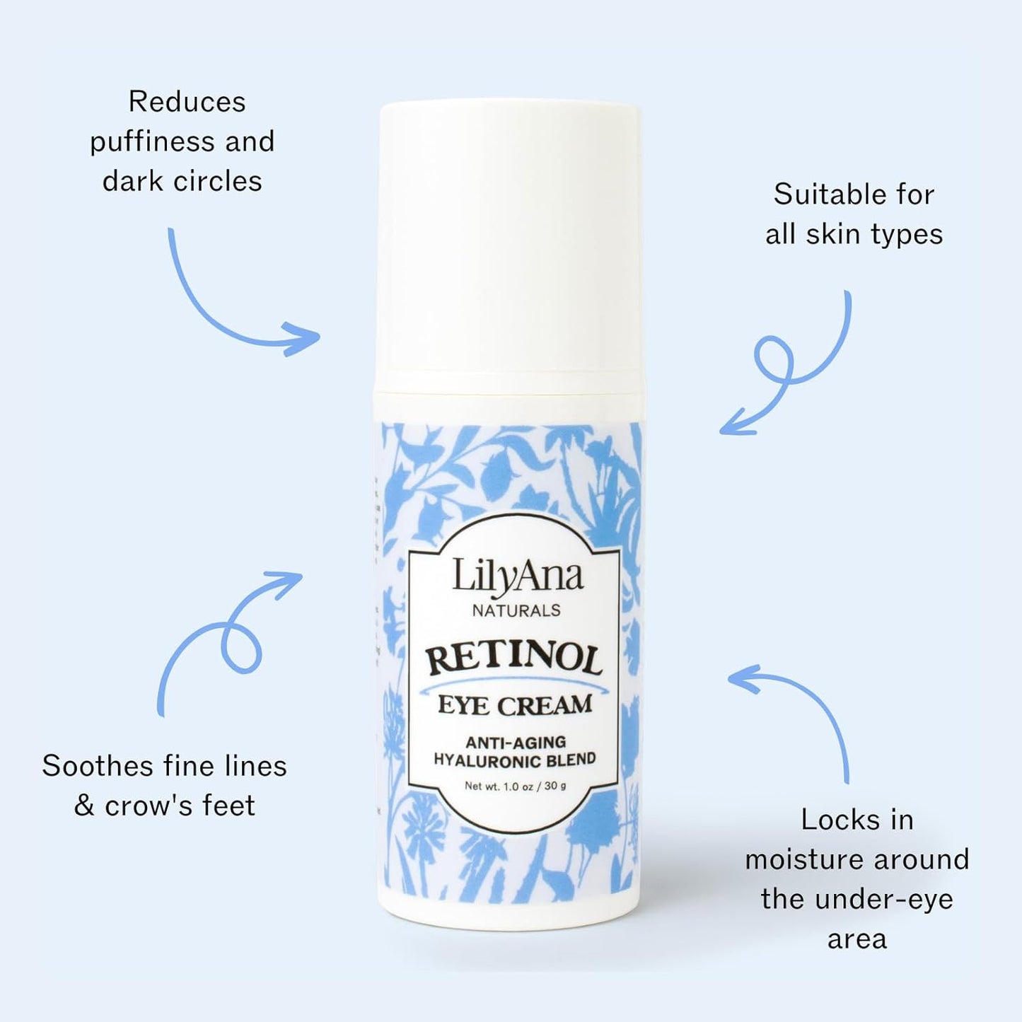 LilyAna Naturals Eye Cream - Eye Cream for Dark Circles and Puffiness, Under Eye Cream, Anti Aging Eye Cream Reduce Fine Lines and Wrinkles (1.0 Ounce, Retinol)