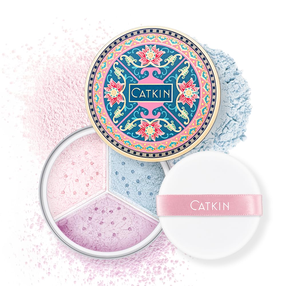 CATKIN Poreless Finish Loose Setting Powder Makeup, Translucent Matte Finishing Makeup for All Skin Tones, 3 Colors Even Skin Tone – 0.42 oz Includes Velour Puff