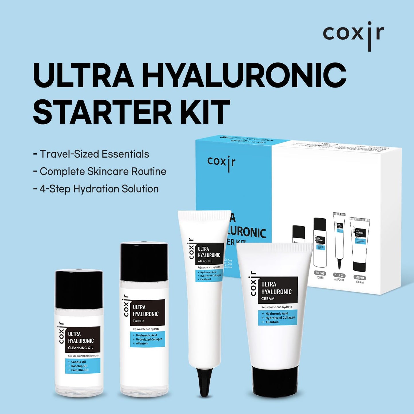 coxir ULTRA HYALURONIC STARTER KIT /cleansing oil+toner+ampoule+cream tralvel kit/[2.68 fl.oz (Pack of 1)]