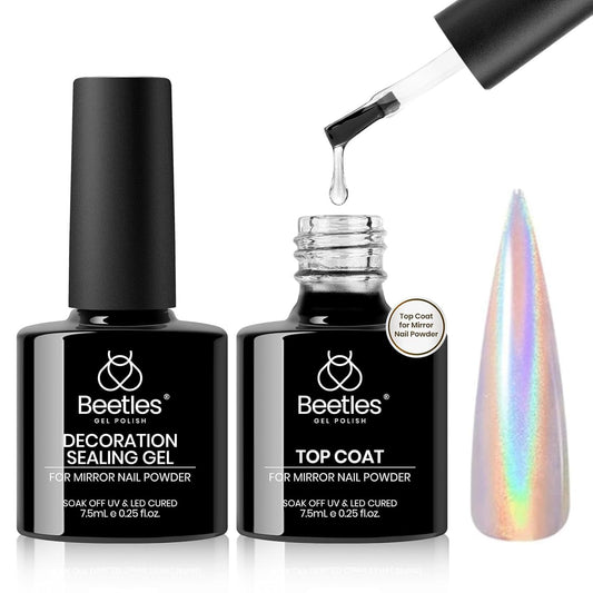 Beetles Chrome Top Coat Gel Nail Polish and Decoration Sealing Gel, 7.5ml*2PCS Chrome Nail Powder Shine Finish and Long Lasting, Soak Off LED U v Lamp Nail Art Design Diy at Home
