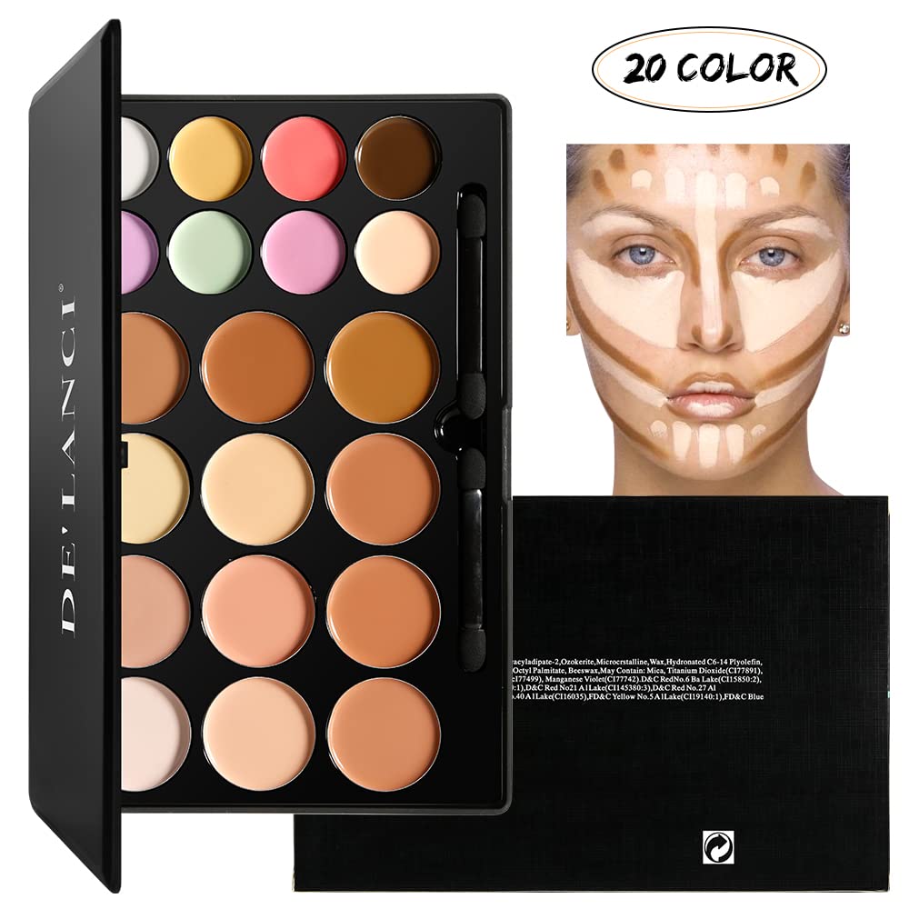 Cream Contour Concealer Makeup Palette Kit, DE’LANCI Face Contour Cream Foundation,Full Coverage Concealer Palette,Natural Brightening Contouring Highlight Makeup Pallet for Oily Skin Dark Circles