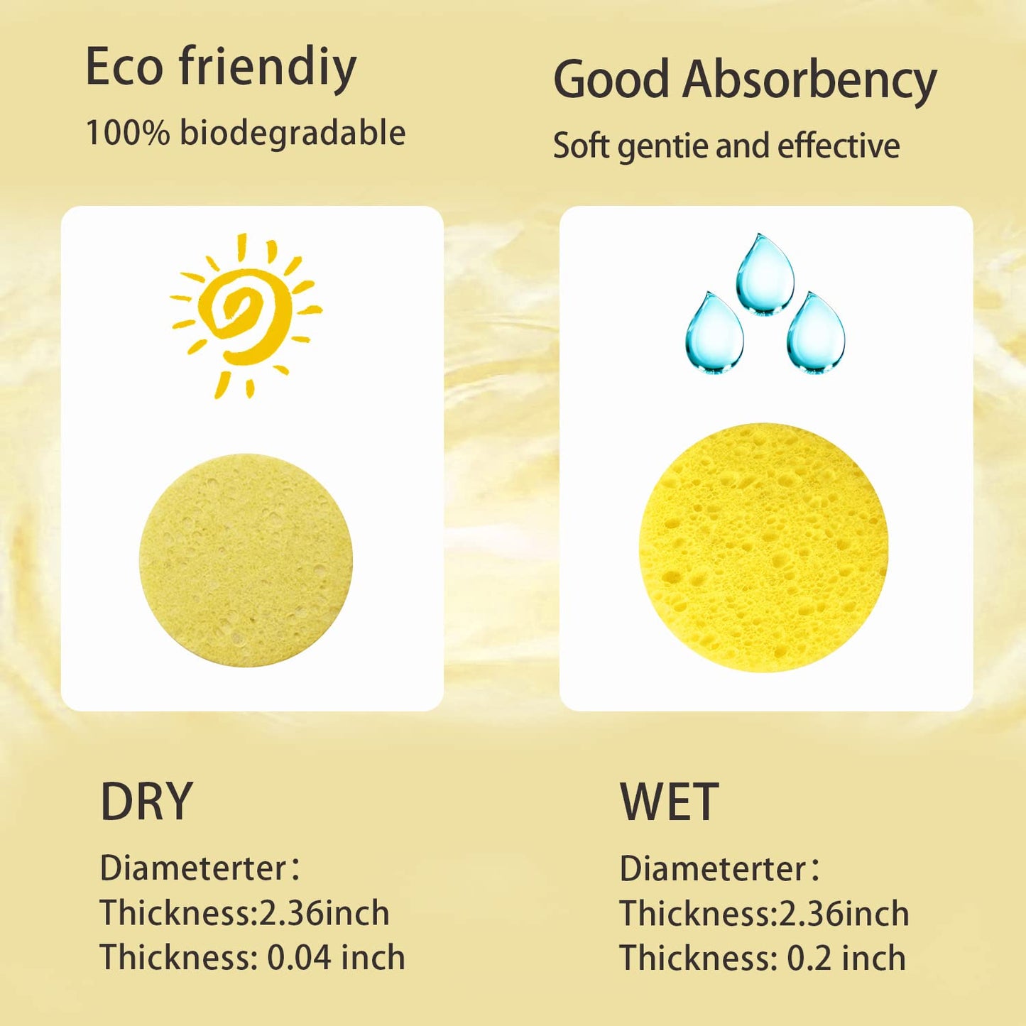 100-Count Facial Sponges Compressed Natural Cellulose Sponge Round Shape Face Sponge for Face Cleansing Exfoliating and Makeup Removal, Yellow