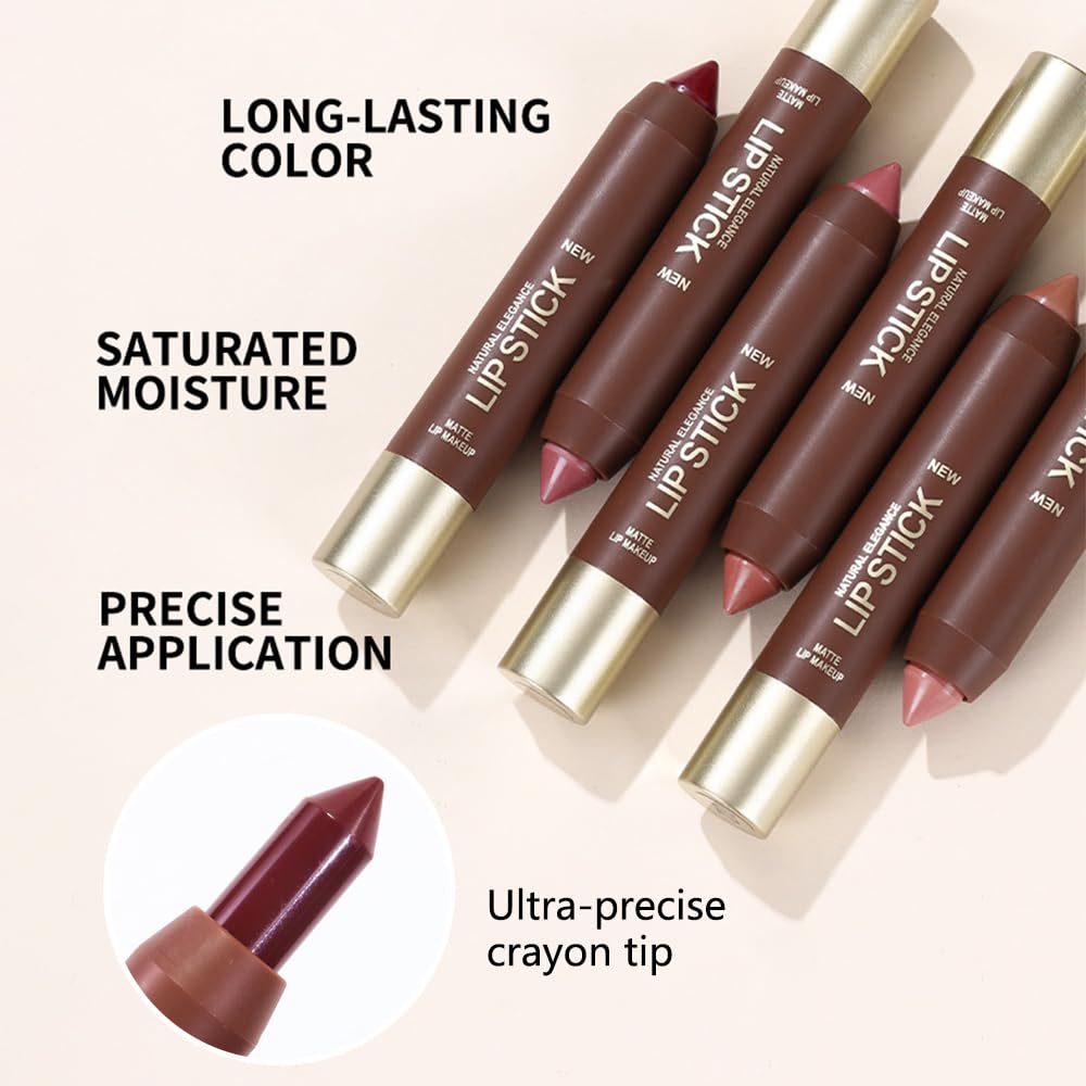 6Pcs Matte Lipstick Crayon Set for Women, 24 Hour Lipstick Lip Liner Pencil, Neutral Lip Stick Lipliner Long Lasting Waterproof Smudge Proof, Vegan & Cruelty-Free