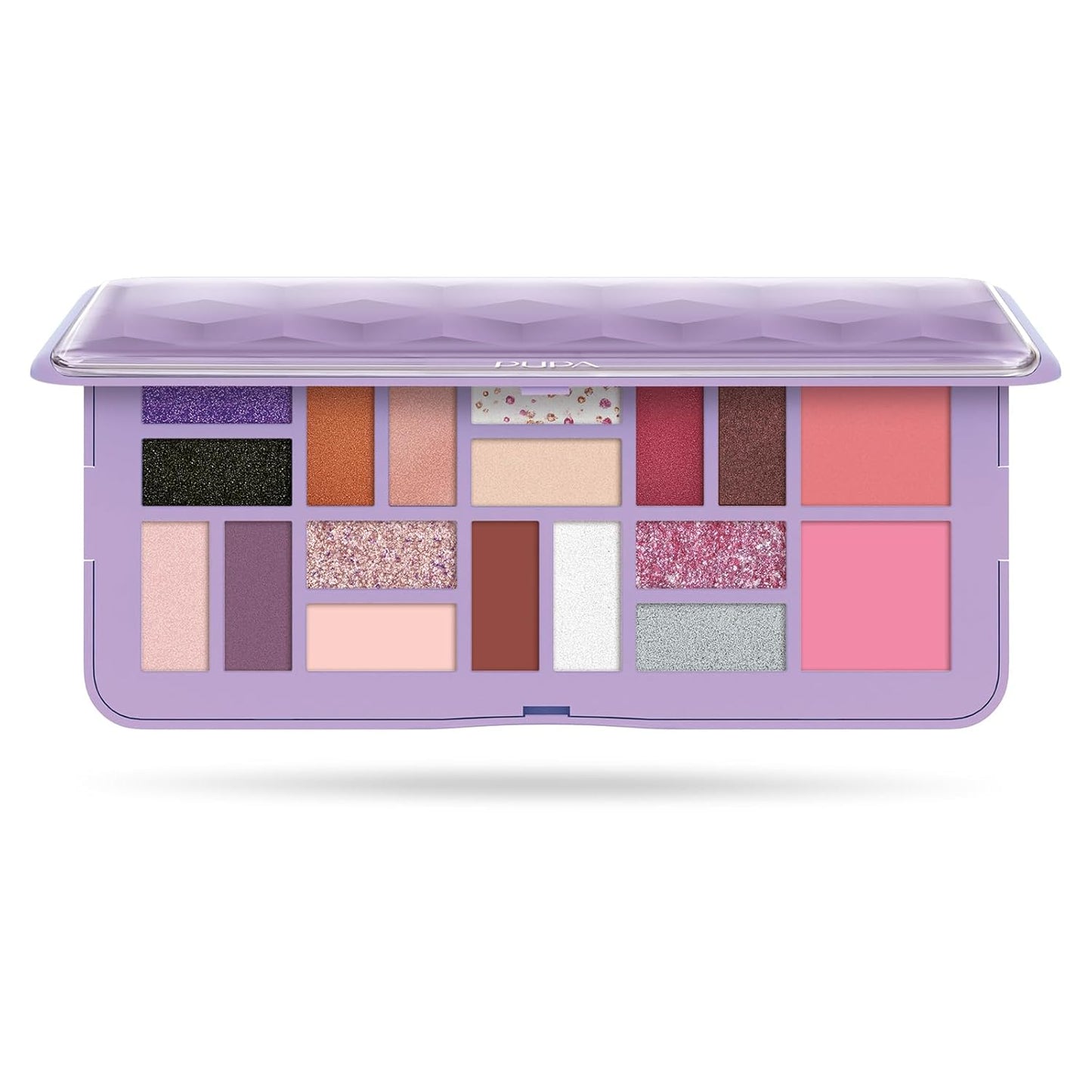 Pupa Milano Make-Up Palette L, 001 Lilac, 0.71 oz - 18 Pan Eyeshadow and Blush Palette, Matte, Shimmer, Metallic Finishes - Blendable Velvety Texture Blush Powder - Talc-Free - Eco-Friendly Packaging